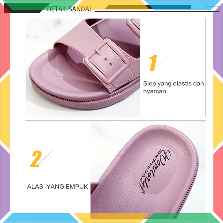 2062WL2 Sandal Selop Birken Wanita Wonderly Sendal Slop Gesper Cewek Ban 2 Karet Doff Glanzton