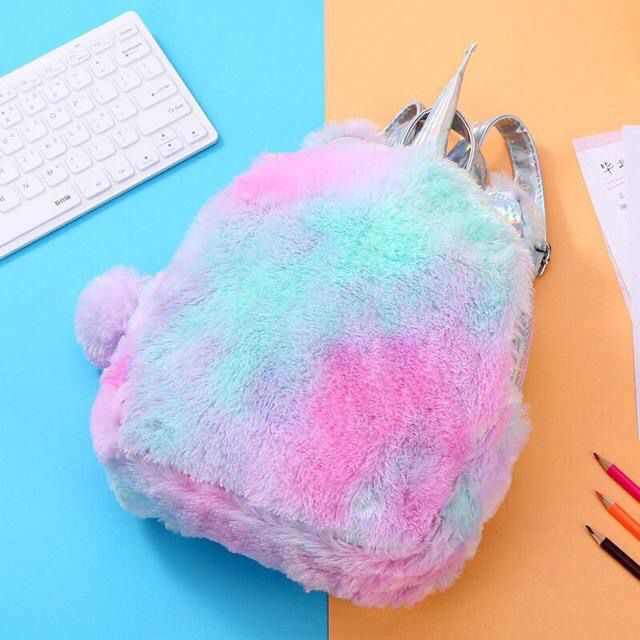 READY STOCK NEW Tas Ransel Wanita UNICORN HOLOGRAM Bulu Lembut Halus Soft Fluffy Imut Lucu Gemoy Omo Omo Kiyowo / Backpack Stylish Bentuk Hewan Kuda Pegasus Korean Style K-POP