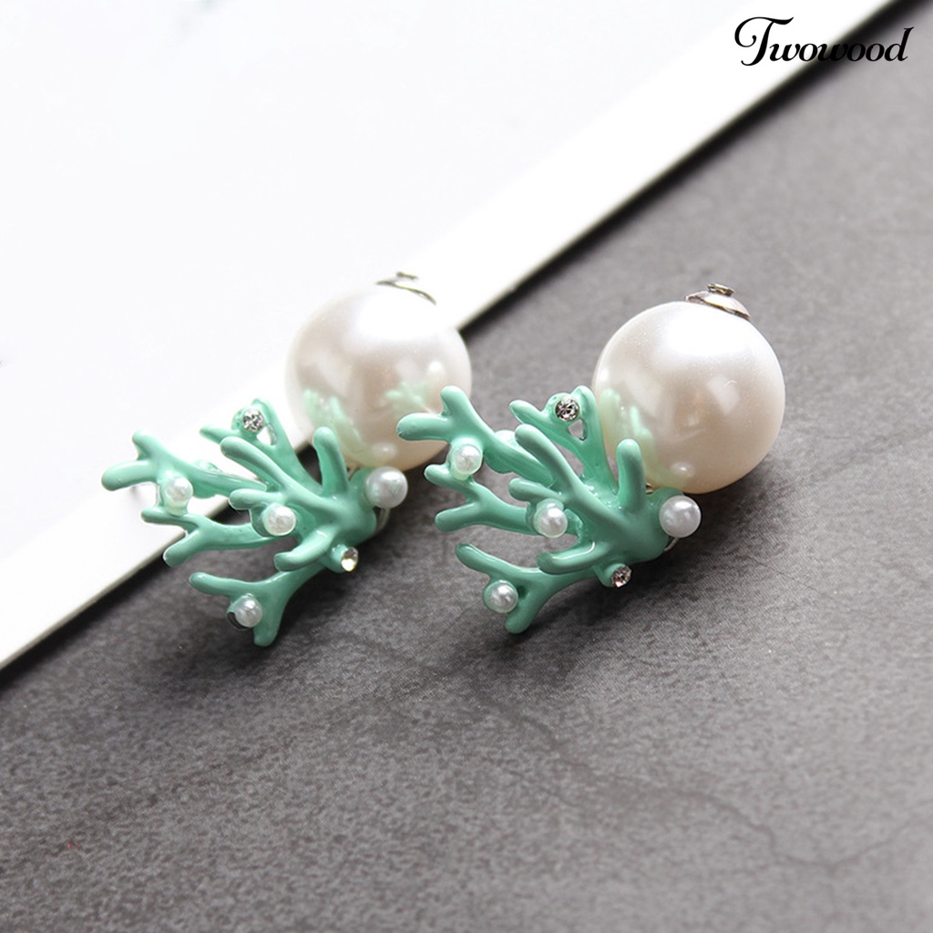 Twowood 1 Pair Ear Studs Coral Shape Faux Pearl Jewelry Cute All Match Lightweight Stud Earrings for Dating