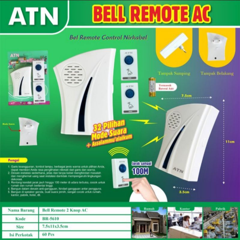 Bel Pintu Wireless door bell tanpa kabel AC/DC Listrik/Baterai  1-2 Knop Bel pintu  Bel Rumah Bel Remote -