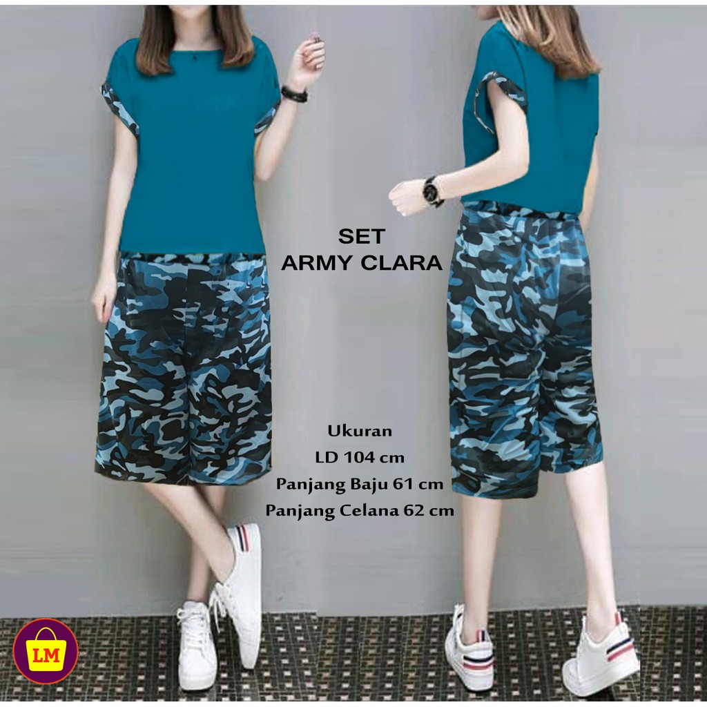 TERMURAH Baju Setelan Pakaian Wanita SET ARMY CLARA Motif Loreng Tentara Trendy Terkini LMS 20255