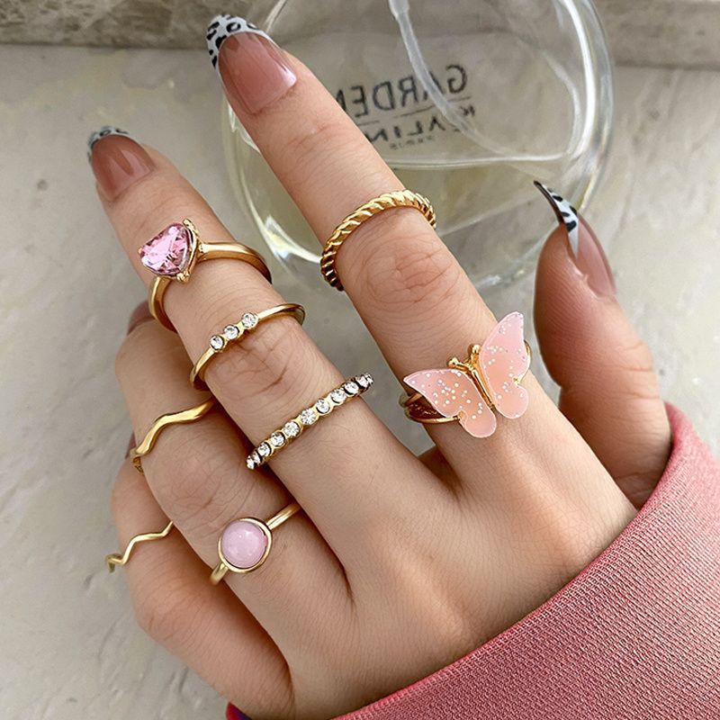 8units / Set Cincin Butterfly Geometri Bahan Metal Warna Pink Untuk Boneka Barbie