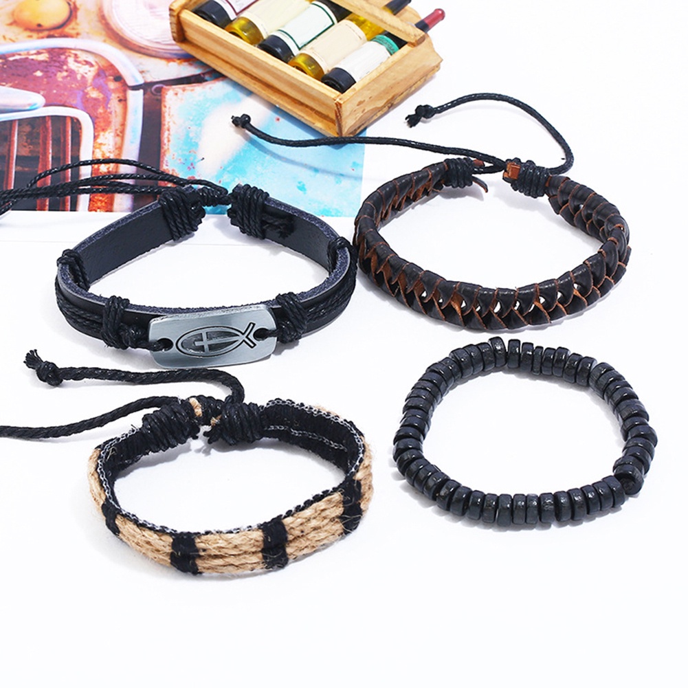 Hu Hu Hu Hu Hu Alat Bantu Pasang Kacamata♡ 4pcs / Set Gelang Tali Kulit Imitasi Multilayer Adjustable Untuk Pria