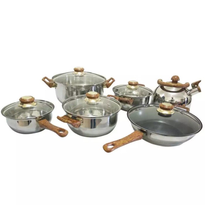 Panci Set Stainless Stell 12Pcs Peralatan Masak Dapur Set Gagang Kayu