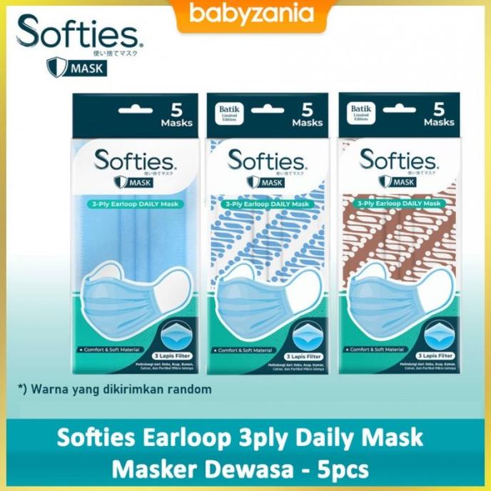 Softies Earloop 3ply Daily Mask Masker Dewasa - 5pcs 90-babyzania-id Ayo Beli
