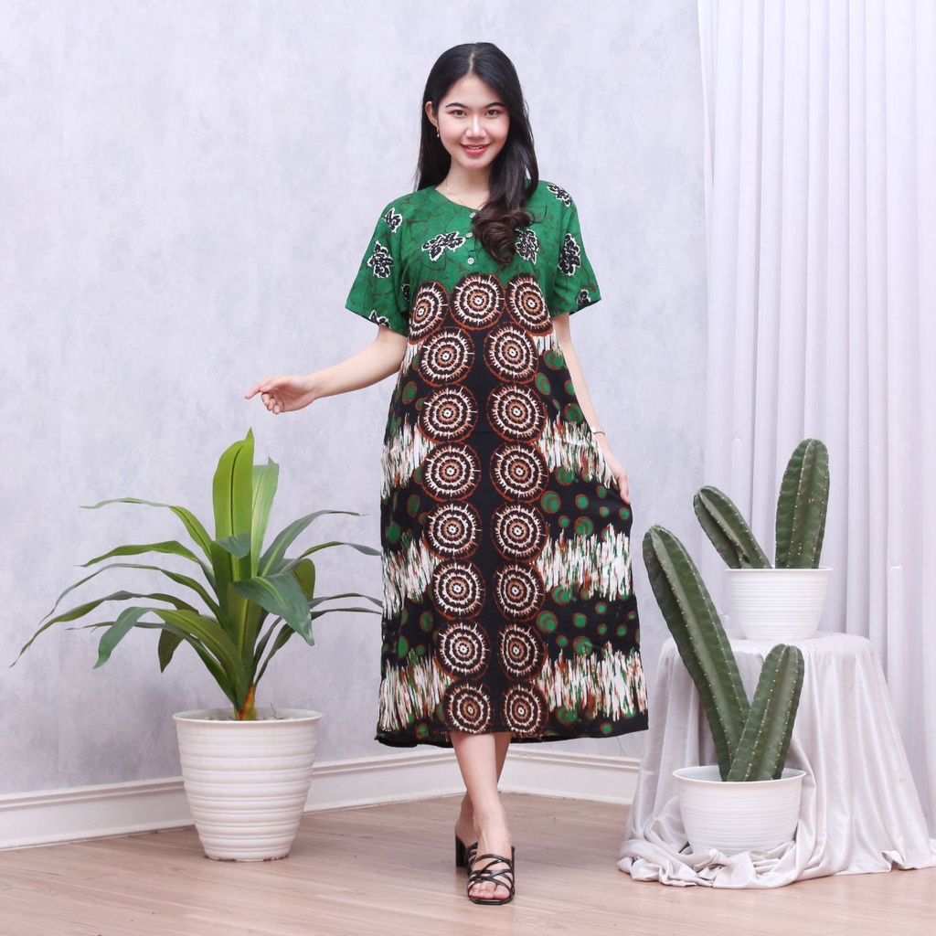 Batik Prass - Daster Floral Lengan Pendek Kancing Depan Busui Friendly || LD 108 - PB 110-KARINA HIJAU