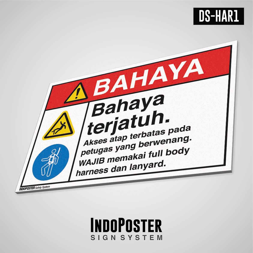 

Safety Sign Rambu K3 PVC ANSI Bahaya Terjatuh Dari Atap Harness M 45x30cm