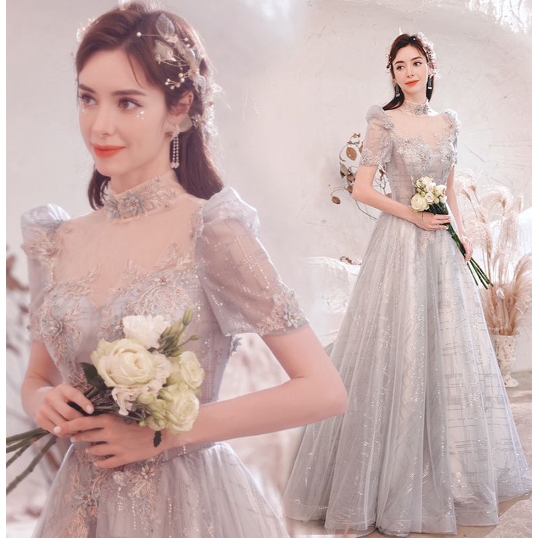 Realpic G297 XS-3XL Bisa custom Gaun mewah impor gaun bridal gaun silver abu abu gaun pesta