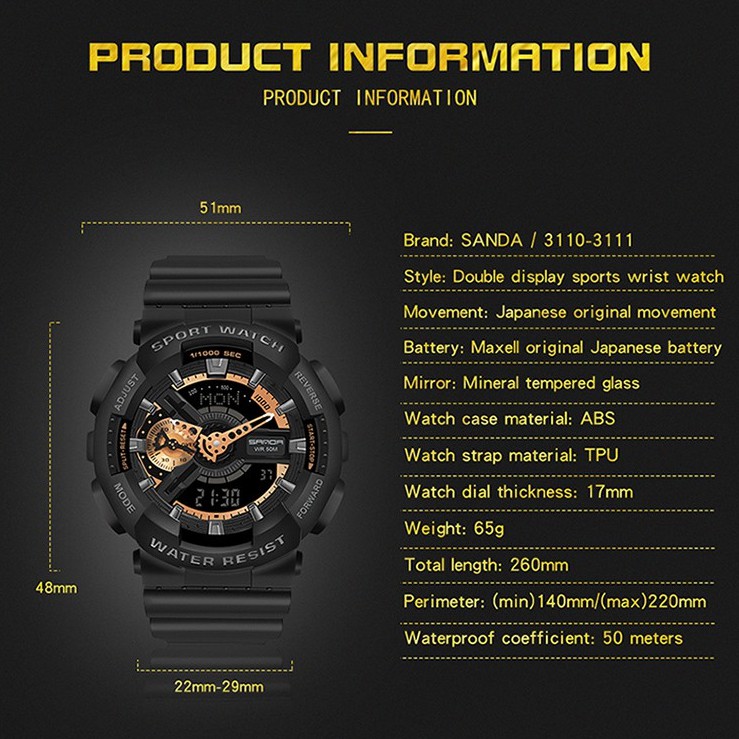 SANDA 3110 Jam Tangan Pria Digital Analog Dual Time Tali Rubber Shockproof Anti Air WATCHKITE WKOS