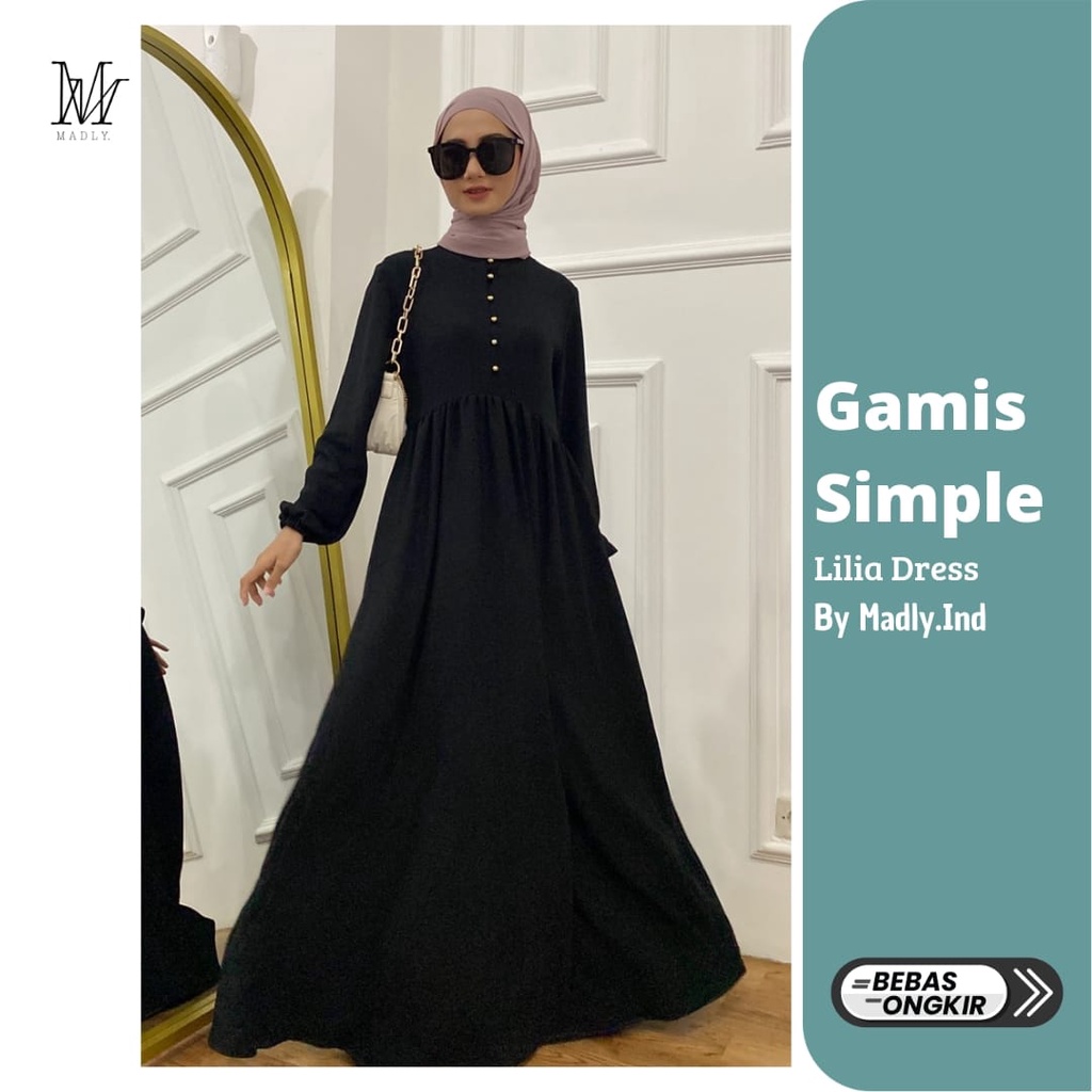 Gamis Remaja Muslim dan Dewasa Bahan Airflow Crinkle Polos - Lilia Dress by MadlyInd Warna Hitam Ung