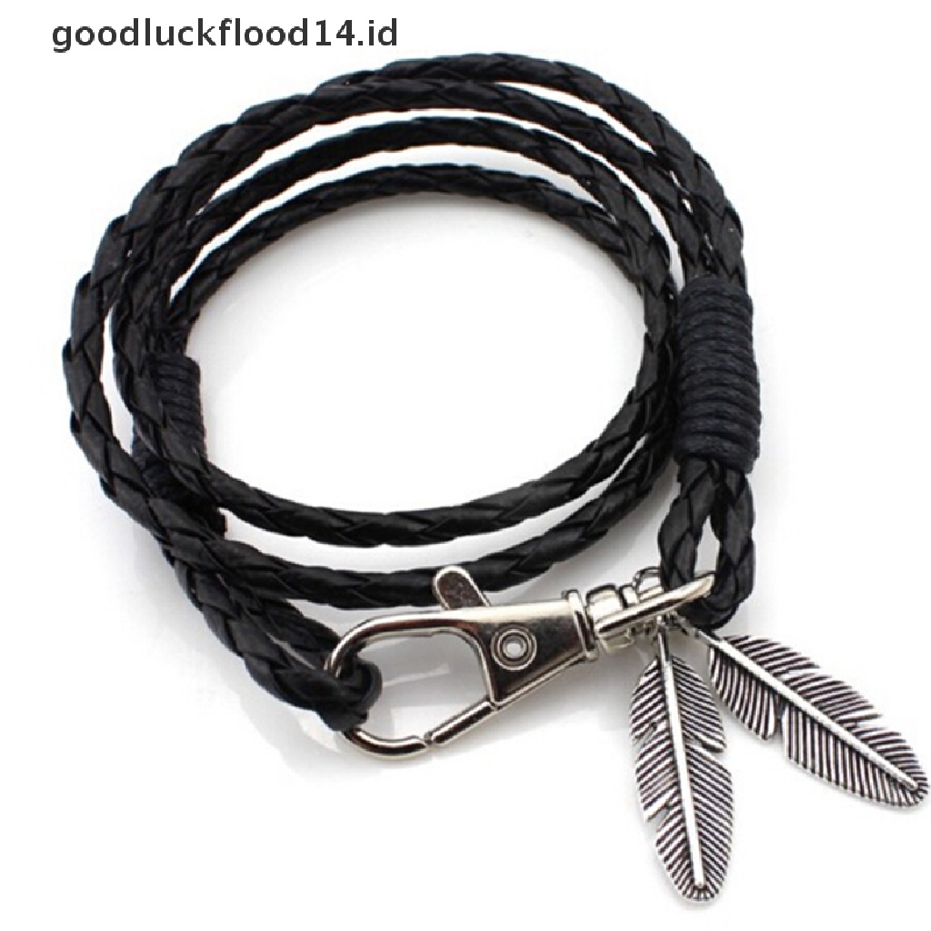 [OOID] Fashion New Bangles Men Jewelry Accessories PU Leather Feather Charm Bracelets ID