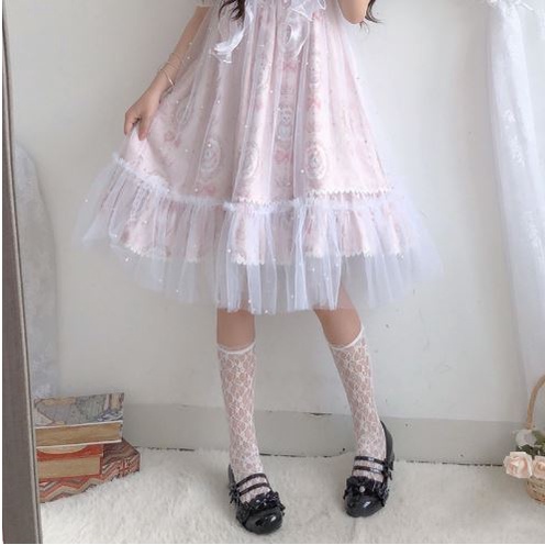 LS-04 Kaos Kaki Transparan Renda Putih Hitam Lace Cute Lolita Cosplay