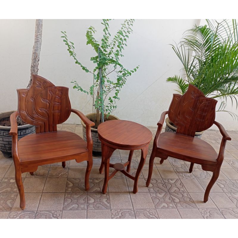 KURSI MEJA TERAS JATI MOTIF DAUN