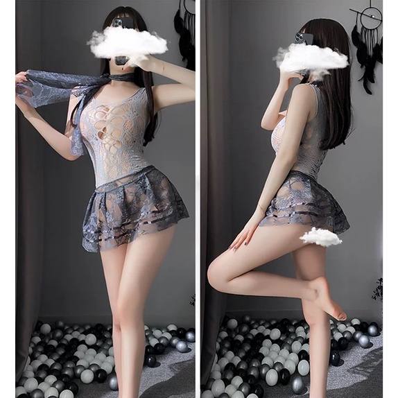Lingerie Sexy Wanita Jala Hollow Cosplay Seragam Mini dress 3A191