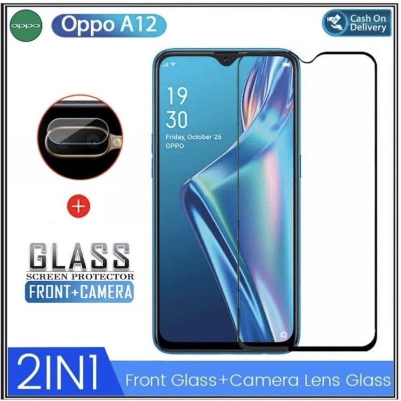 Tempered Glass Full Lem Oppo A7 A5S F9 A12 + Temper Glass Camera 2 in 1 - UA