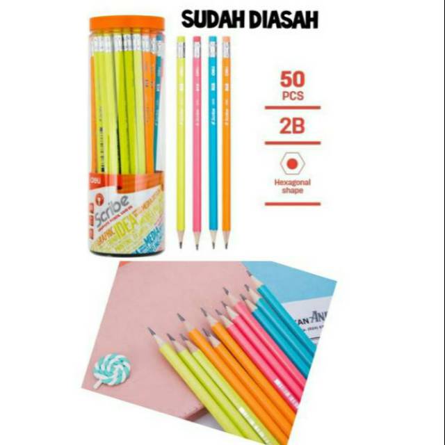 Pensil 2B Tabung Isi 50pcs sudah diasah Original Deli per 4 pcs