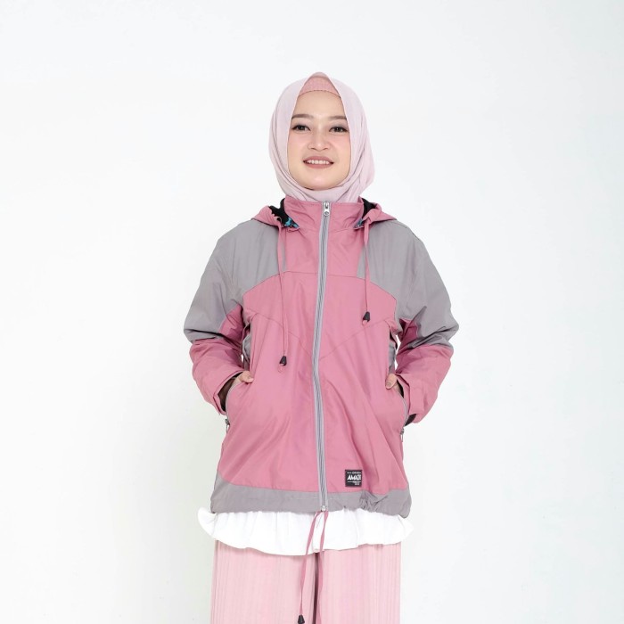 Jaket Wanita JAKET OUTDOOR ANTI AIR ANTI ANGIN WANITA TRENDY BAHAN BERKUALITAS AMZ1 - Merah Muda, L(