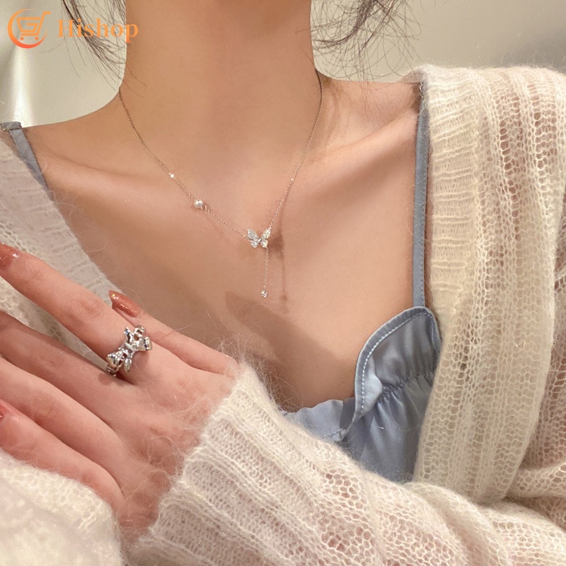 Kalung Rantai Choker Liontin Kupu-Kupu Hias Kristal Mutiara Warna Silver Untuk Aksesoris