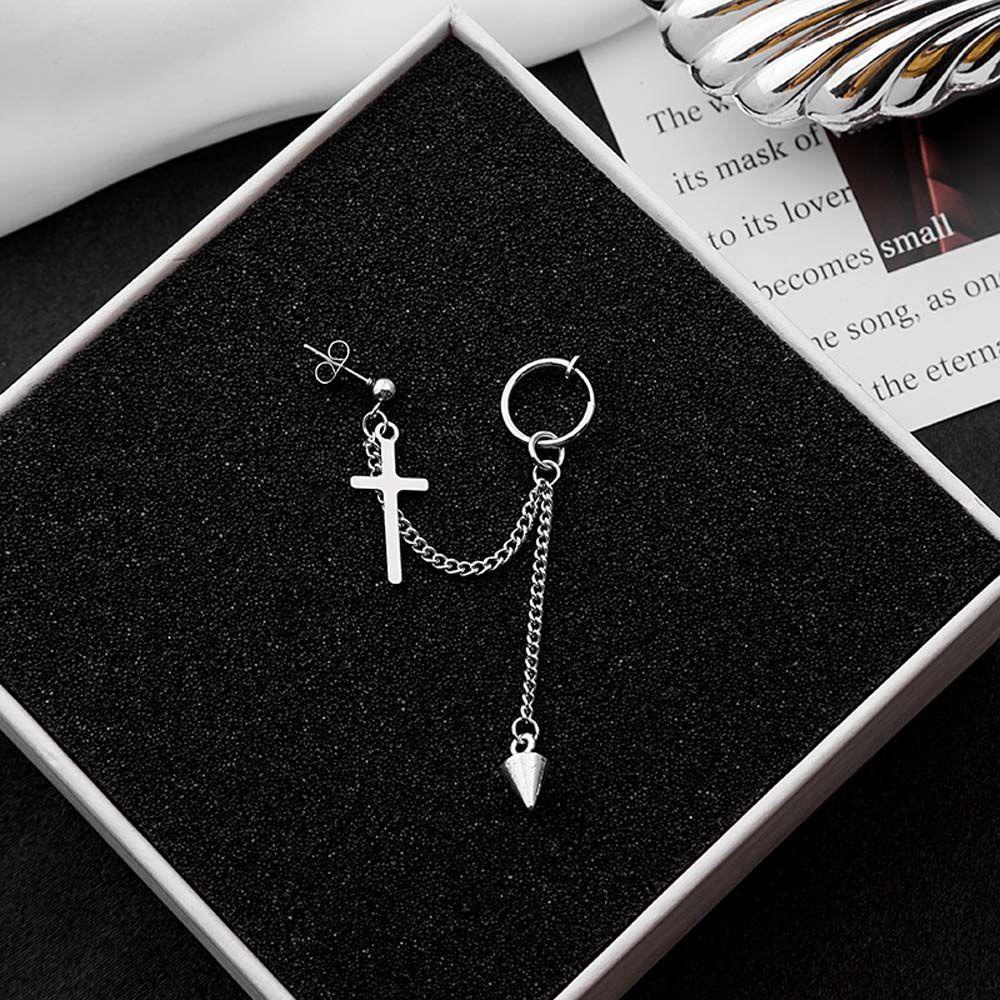 Mxbeauty Anting Klip Salib Punk Elegan Hip Hop Hadiah Stainless Steel Salib Liontin Pria Rantai Rumbai Stud Earring