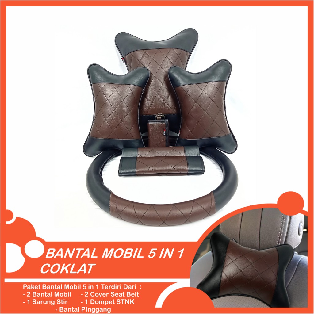 Set Bantal Mobil 5 in 1 Premium Bantal Leher Bantal Pinggang Cover Stir Seatbelt Free Dompet STNK