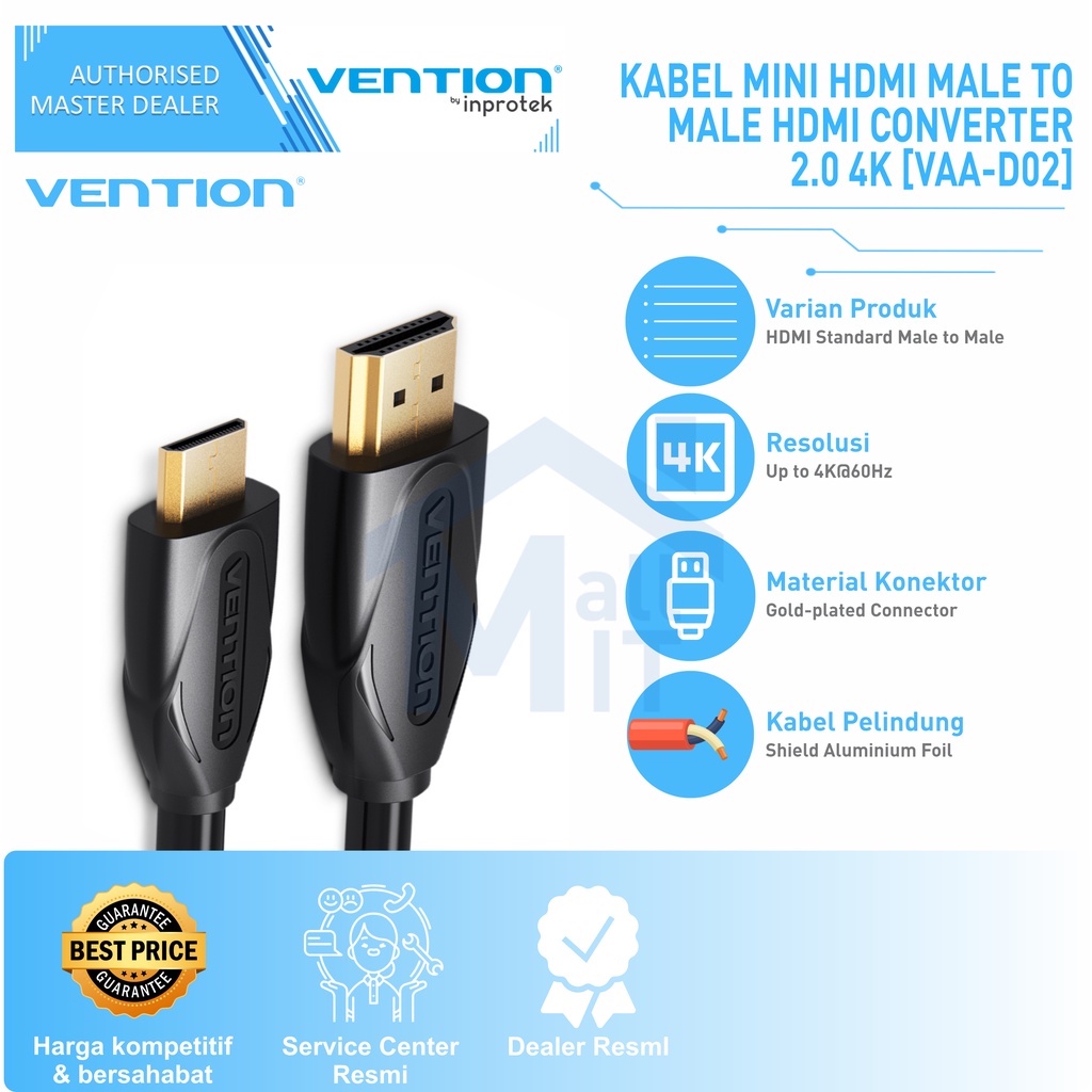 ( Bisa COD ) Vention Kabel HDMI to Mini HDMI v1.4 Full HD 3D High Speed VAA D02 Ori