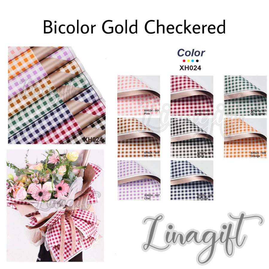 ( 5 Lembar ) BICOLOR GOLD CHECKERED - FLOWER WRAPPING PAPER KOREAN PLASTIC PLASTIC CELLOPHANE KERTAS BUNGA BUKET FLORIST WATERPROOF DOUBLE COLOR BROWN TUMERIC LILAC