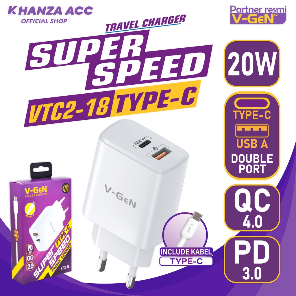 KHANZAACC VGEN VTC2-18 Travel Charger Dual Port Super Speed PD3.0 QC4.0 Include Cable Type-C