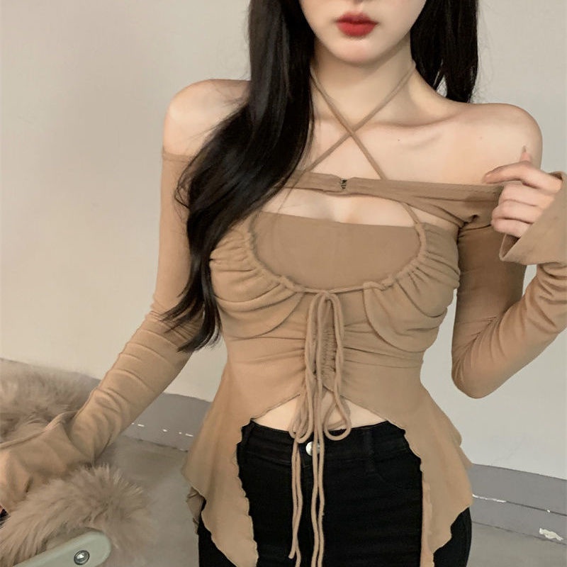 t-shirt impor pakaian wanita gaya kecil off-the-shoulder lengan panjang korset pendek suspender keci