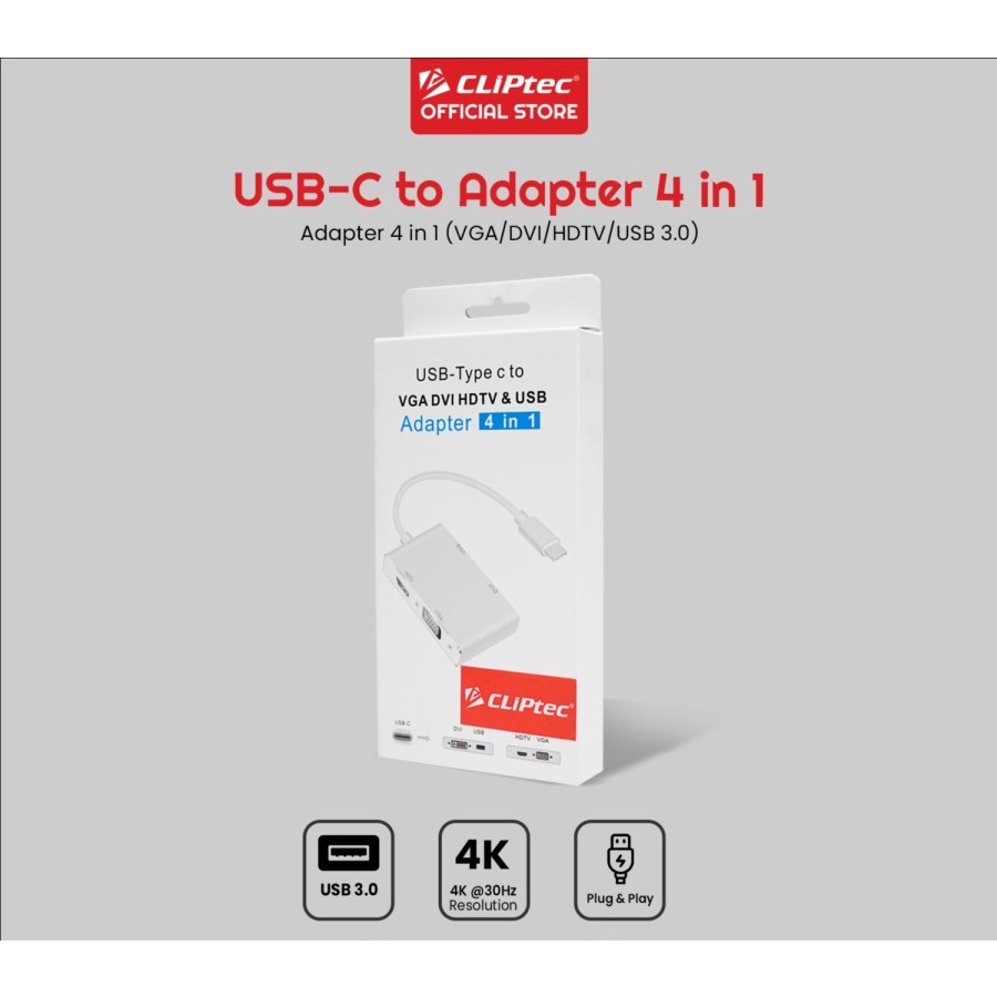 Converter CLIPtec USB-C to 4 in 1 (VGA + DVI + HDTV + USB)