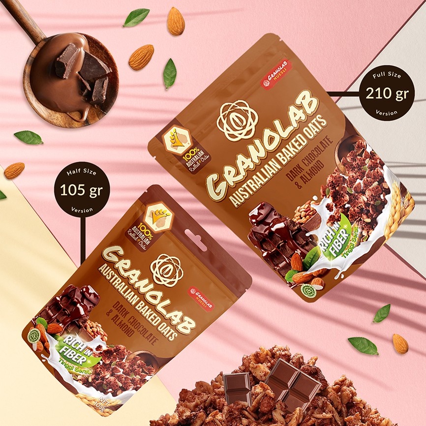 Granolab Dark Chocolate Almond 105 gram Granola Snack Diet Sehat Tinggi Serat &amp; Protein