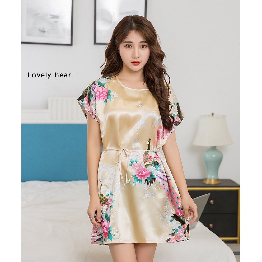 Baju Tidur Daster Satin Korea Fashion MERAK Wanita Peacock Babydoll Fashion Silk Sleepwear-GOLD