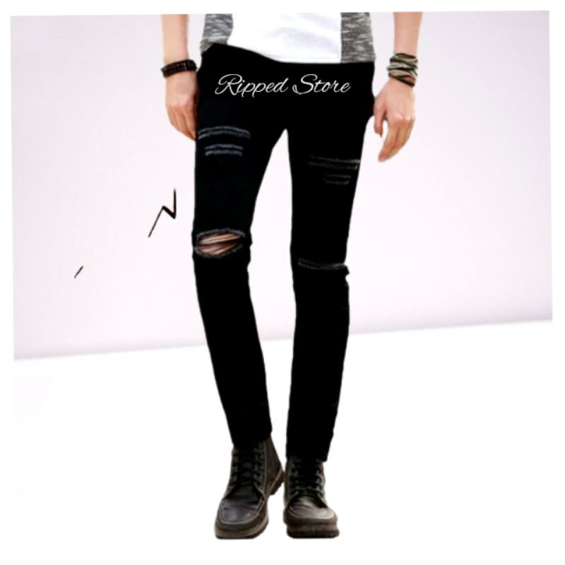 CELANA SOBEK PRIA RIPPED JEANS ROBEK STANDAR REGULER BASIC HITAM 27-38