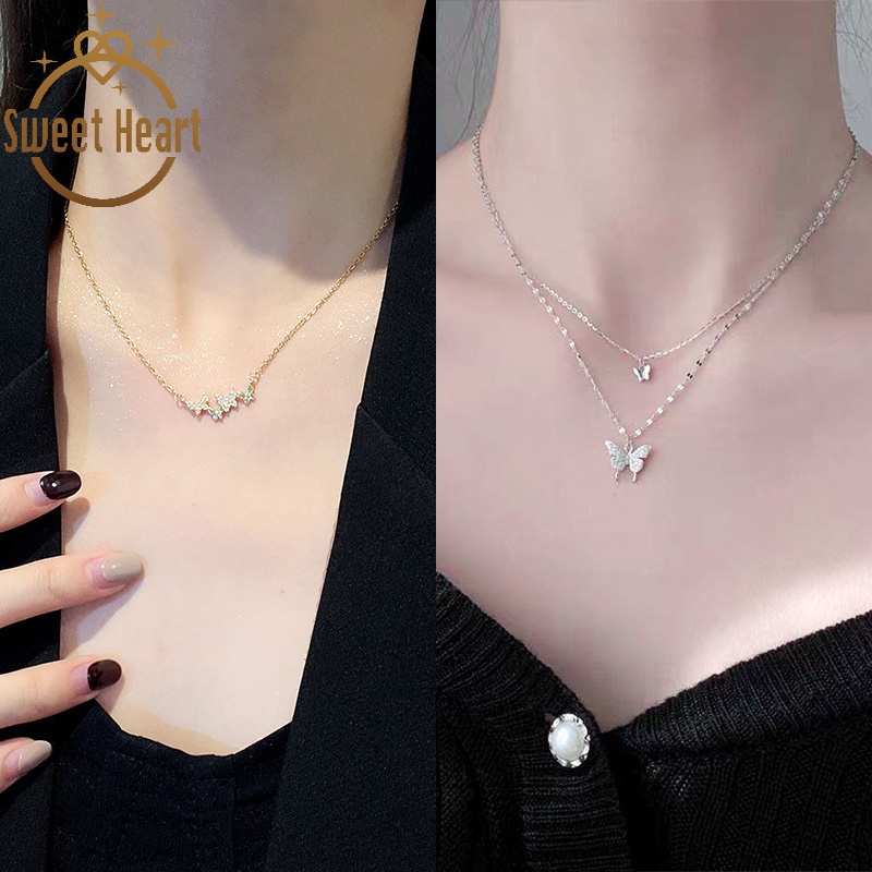 Kalung Rantai Klavikula Double layer Desain Butterfly Gaya Korea Untuk Wanita