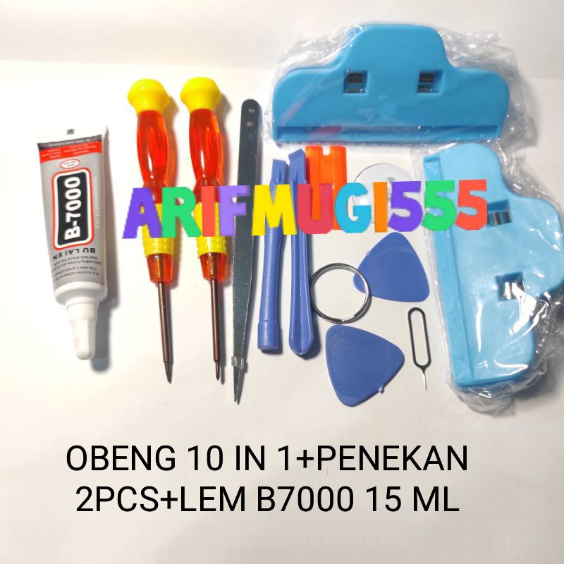 Obeng Tools Set Reparasi 10 in 1+Penekan Penjepit 2 Pcs Lcd Touchscreen+Lem B7000 15 ML