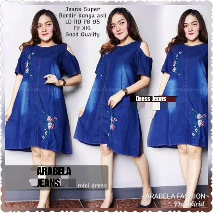 DISKON BAJU DRESS TUNIK ROK PUNDAK SABRINA BAHAN JEANS LEVIS BORDIRAN DENIM TERBARU