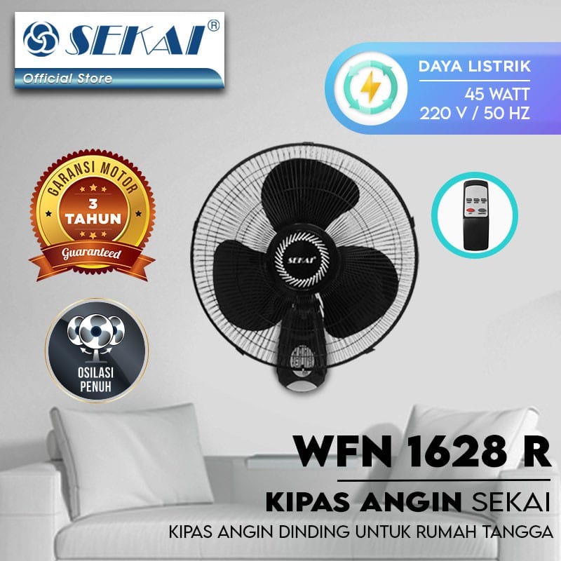 Kipas Angin Dinding Remot / Wall Fan SEKAI 16 Inch Hitam  - WFN1628 / 1FN 1628