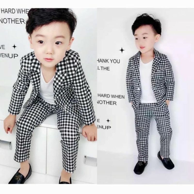 Setelan Jaz Anak Laki-laki- Blazer Kids-Set 3in1 Kotak Korea Faren Bahan Latun Usia 3-5 Tahun