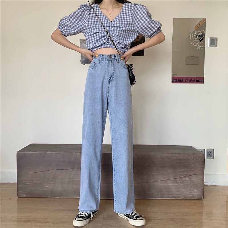 Jeans Wanita Loose High Waist Celana jins Korean Style Straight Pants