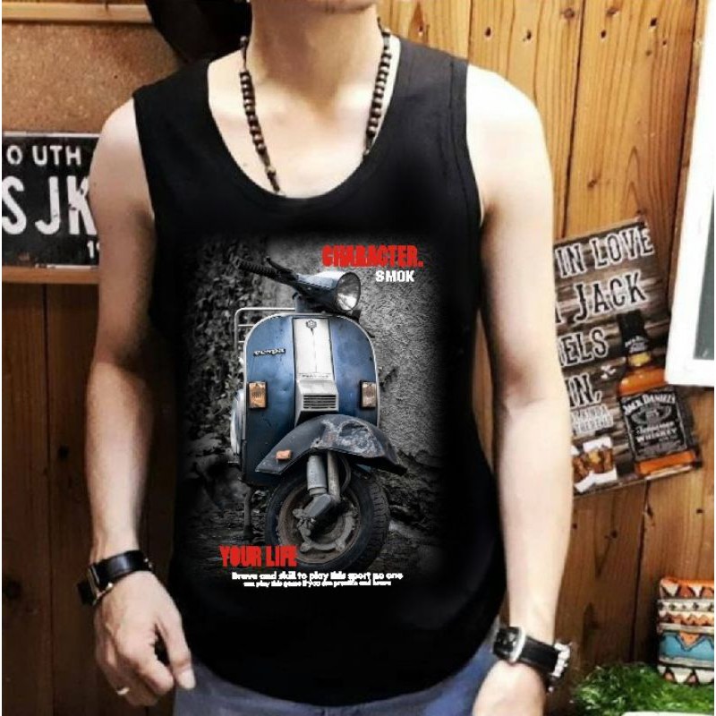 NEL-FASHION SINGLET KAOS DISTRO/T-SHIRT SINGLET VESPA BIRU TUA FIT TO L-XL