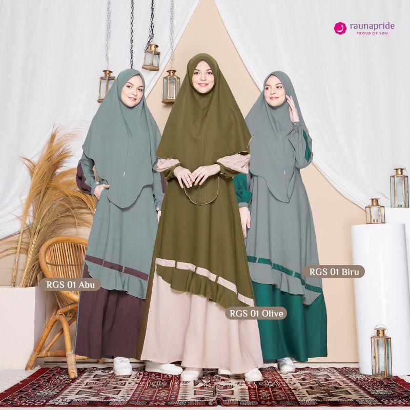 RAUNA GAMIS SET HIJAB RGS 01 | OLIVE | ABU | BIRU