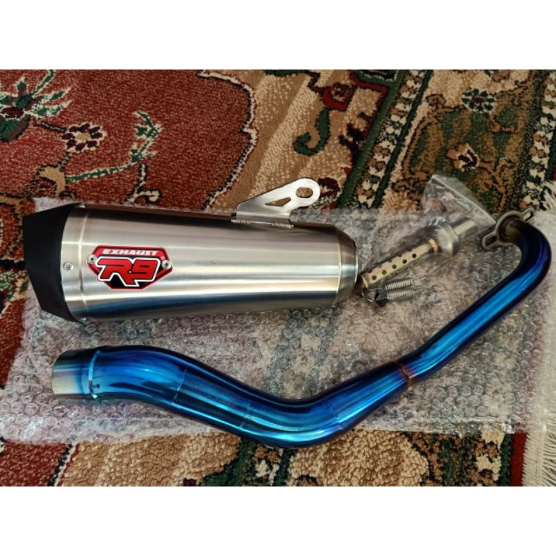 Knalpot R9 New Alpha Series Leher Biru untuk motor Aerox, Nmax, Lexi, Vario, PCX