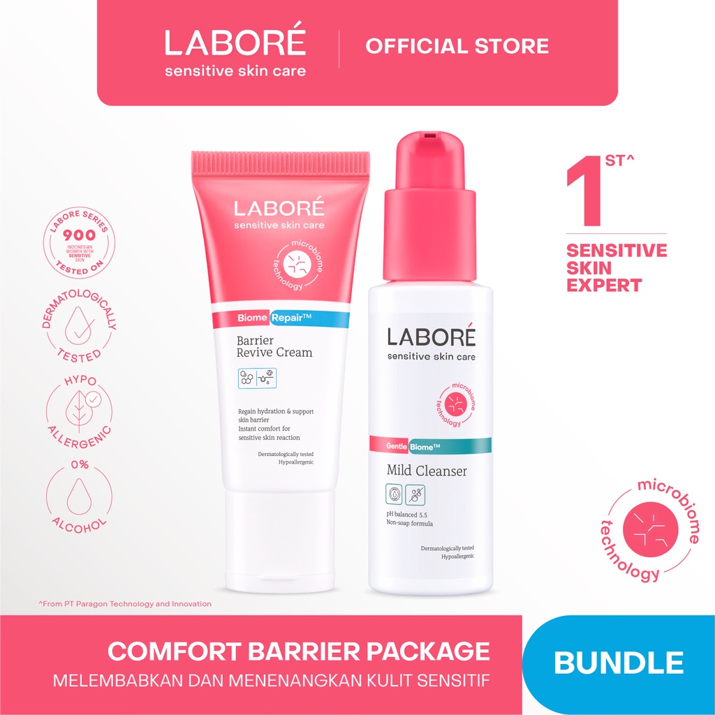 Labore Comfort Barrier Package (Barrier Revive Cream 50ml, Mild Cleanser 100ml) - Paket Pelembab dan Pembersih Wajah untuk Kulit Sensitif