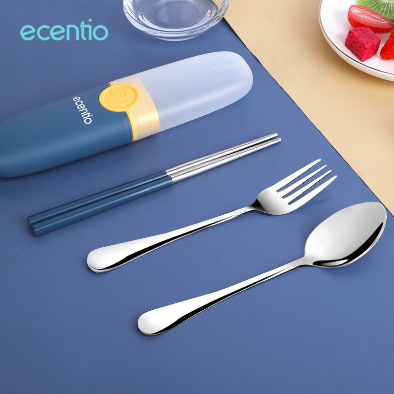 ecentio &amp; FOODI  stainless Sendok sumpit garpu set dengan portabel PP kotak alat makan 3pcs peralatan makan biru Cutlery Set