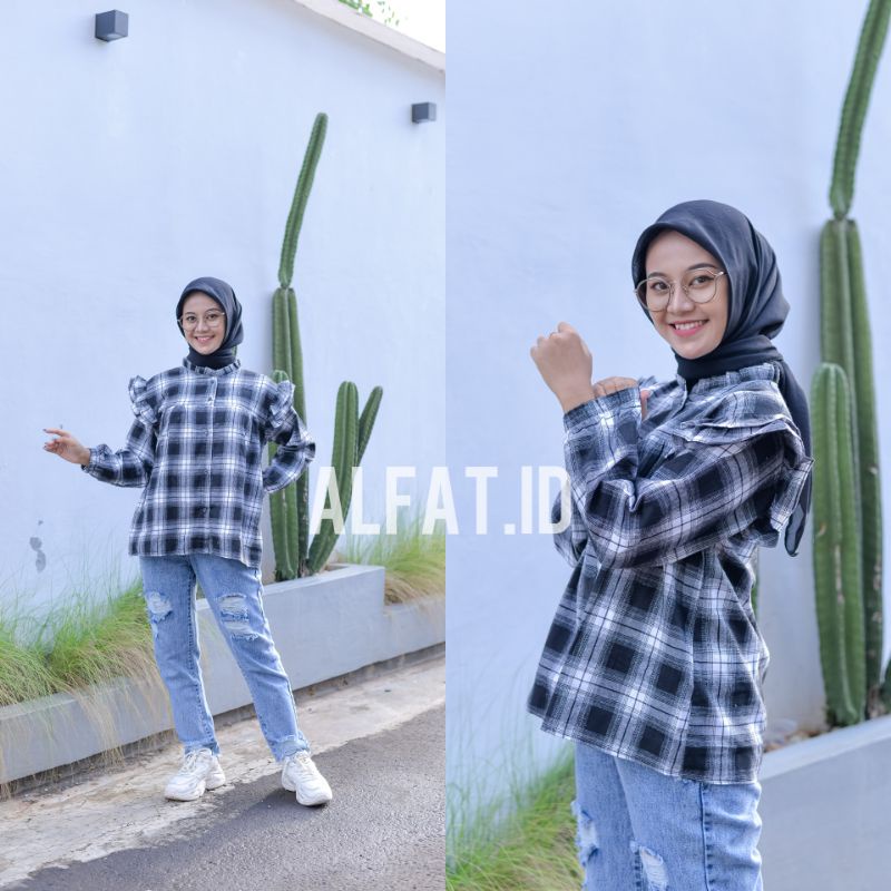 Kemeja ruffel wanita | blous ruffle | kemeja flanel wanita | kemeja kotak kotak