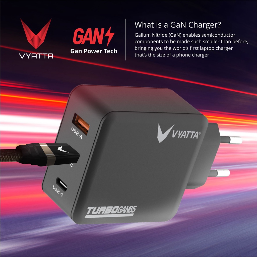 VYATTA TURBO GAN 65W FAST CHARGER PD 2 POWER DELIVERY TYPE C QC FAST CHARGER IPHONE SAMSUNG OPPO MACBOOK