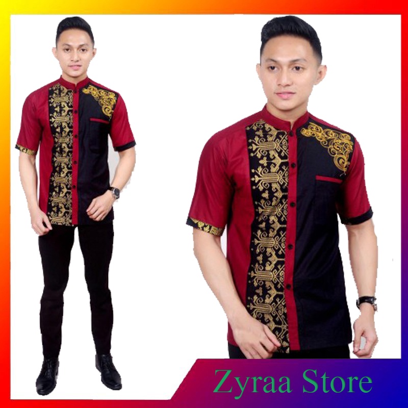 Zyraa Hem Batik Pria Lengan Pendek Batik Kombinasi Merah Maroon Ori by