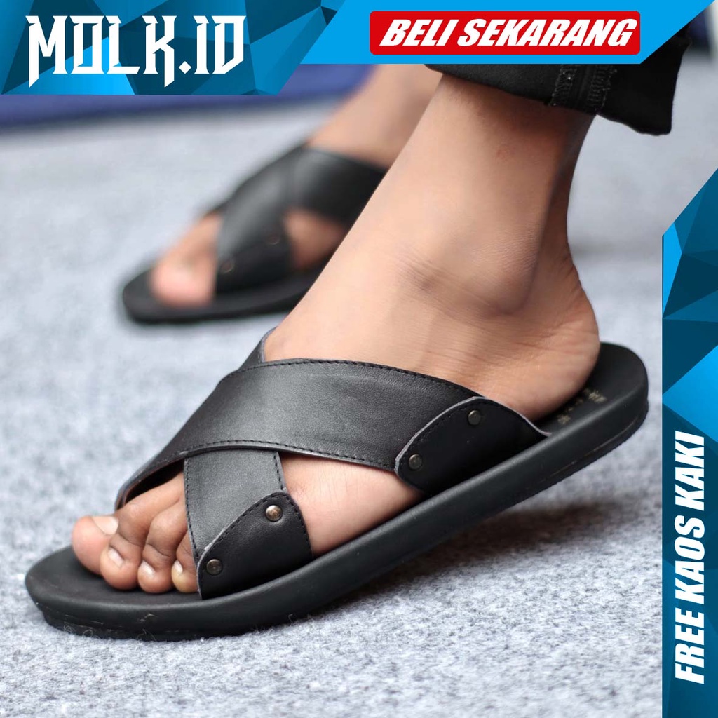 MOLK|Sandal Slop Pria Kulit Asli Original Distro Trendy Kekinian Traveling Cowok Hitam