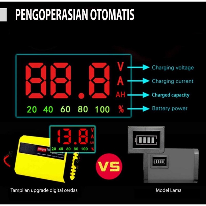 Charger Aki Portable 2A/12V Mobil Motor Digital Display Casan Aki Alat Cas Aki Carger Aki