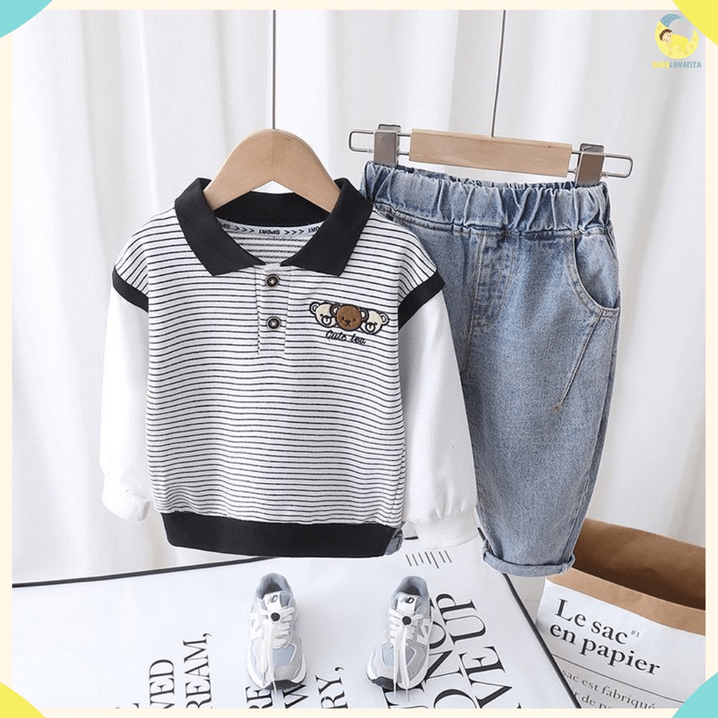 [COD] Setelan baju baby impor korea/ Motif 3BEAR SALUR STRIP GREY  0-5 Tahun / baju baby impor korea/Babylovanta