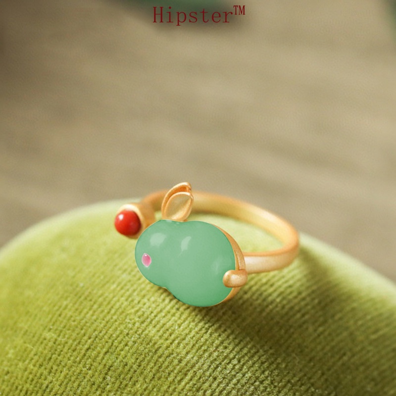 Set Natural Hetian Jade Ring Love Bunny Necklace Ear Stud Pendant